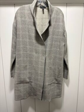 EILEEN FISHER Light Gray Windowpane Wool-Blend Pea Coat size small